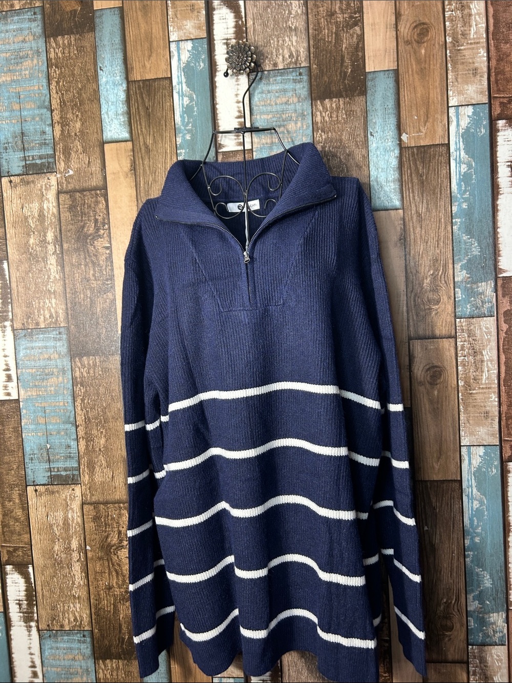 Men's Navy Half-Zip Sweater with White Stripes